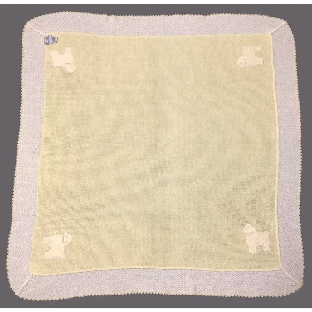 VTG Baby Kisses Yellow White Acrylic Weave Baby Baptism Blanket Embroidered Lamb